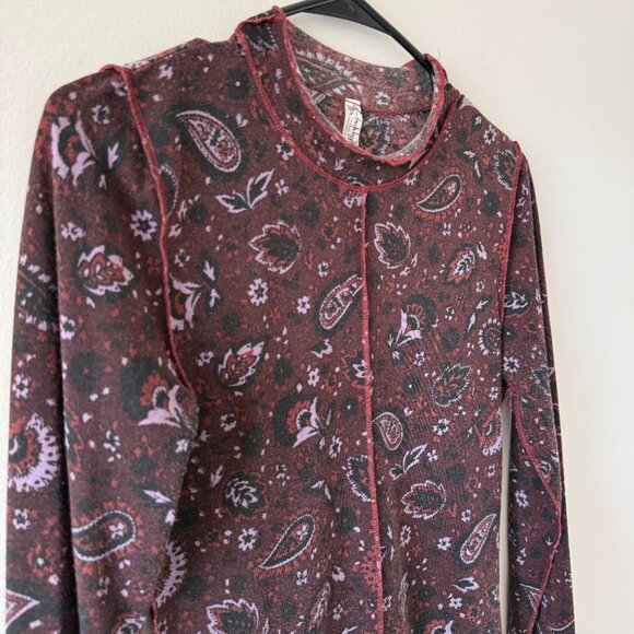 Free People Intimates Burgundy Paisley Mock Neck Long Sleeve Layering Top - Picture 4 of 4